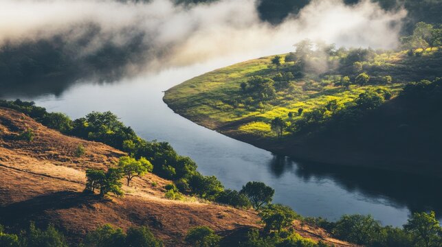 Serene River Bend Scenery: Misty Morning Landscape with Lush Greenery