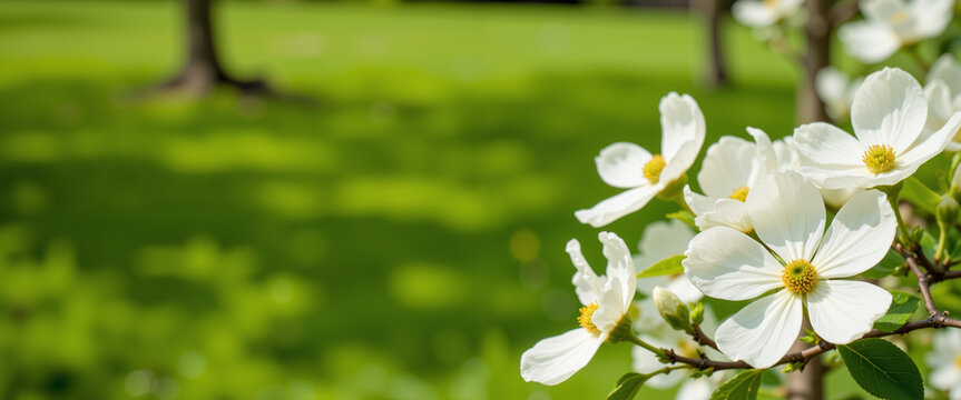 Beautiful white dogwood flowers blooming vibrantly in lush green grass, evoking a sense of renewal and joy, celebrating the arrival of spring with sunny warmth in a serene garden setting