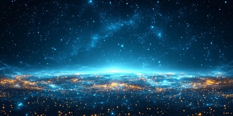 Hypothetical Alien Planet s City Lights Shining At Night, Futuristic Space Exploration Concept