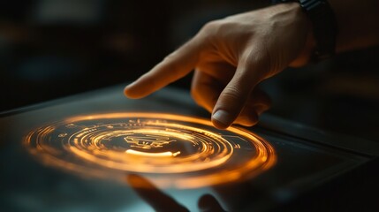 Obraz premium A close-up view of a man's hand pointing at a circular online shopping hologram against a blurred dark background, symbolizing e-commerce and technological advancements. 