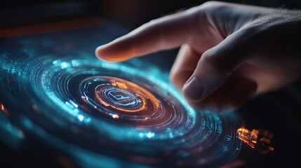 A close-up view of a man's hand pointing at a circular online shopping hologram against a blurred dark background, symbolizing e-commerce and technological advancements. 