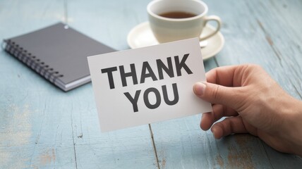 Hand holding thank you card on a wooden surface