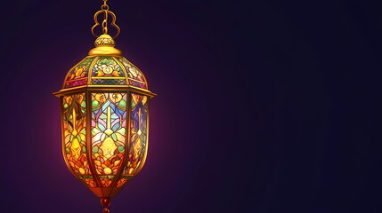 Moroccan stained glass lantern with gold frame on plain dark purple background. Electric Stained Glass. Illustration