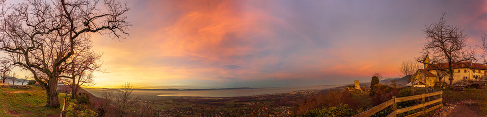 Panorama of a winter sunset at Lake Geneva with trees and fields in the foreground