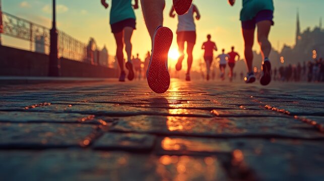 A wide range of people participating in a charity walk or run to celebrate World Health Day against a blurred backdrop
