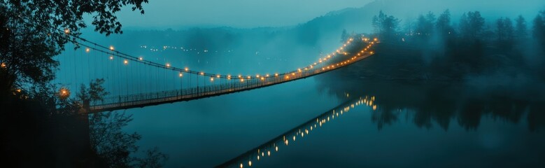 Fototapeta premium Illuminated Suspension Bridge Over Misty Lake at Night