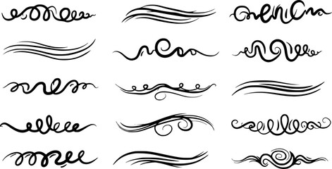Doodle style sketchy brackets or underline parenthesis. Hand drawn crayon horizontal wavy strokes collection for notes. Scratchy lines with rough edges and loops. Doodle vector graphic elements