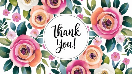Watercolor floral pattern with thank you message in center