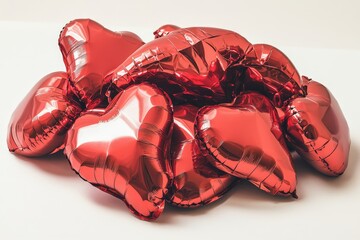 Red heart-shaped air balloons made of metallic foil are isolated on a white background, representing a set of decorations for Valentine's Day celebrations and parties centered around love