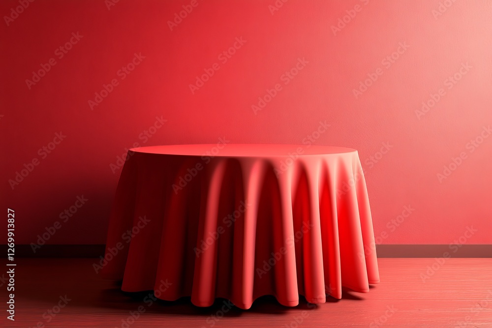 Aufkleber a circular table draped with a crimson tablecloth set against a monochromatic backdrop in a straight