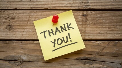 Yellow sticky note with the words thank you on wood