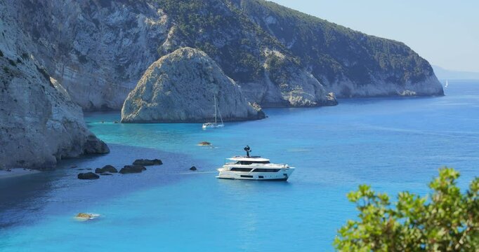 Yacht moored near the coast of Porto Katsiki in Lefkada, Greece