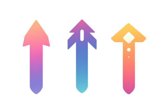 Three colorful upward arrows showcasing gradient designs in vibrant shades of pink and blue isolated on transparent background