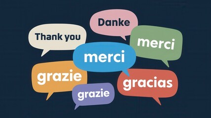 Speech bubbles display thank you in multiple languages