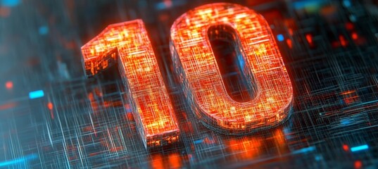 Glowing Digital 3D Number 10 on a Futuristic Circuit Board Background, Technology and Innovation