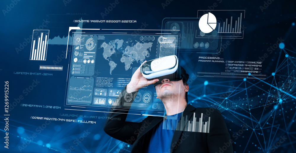  smart business man with goggles working while using ai technology. manager accessing at global netwo