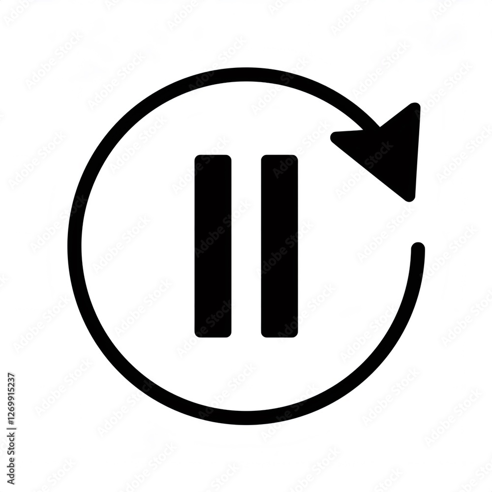 Poster simple black and white pause button restarting playing multimedia content with circular arrow