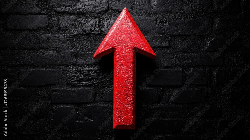 Poster red arrow points upwards against a dark textured background