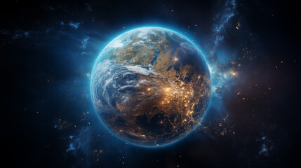 Fototapeta premium Planet Earth with detailed relief and atmosphere. Blue space background with earth and galaxy.