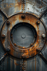 Naklejka premium Close-up of a rusty, industrial metal surface with bolts and rivets.