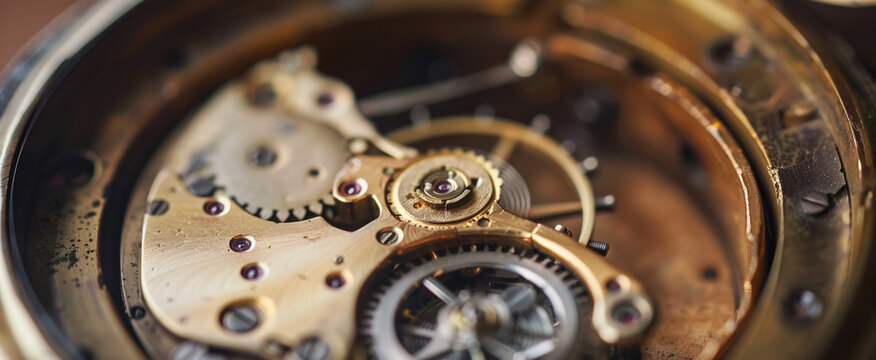 Close-up of vintage clock mechanism with intricate gears.