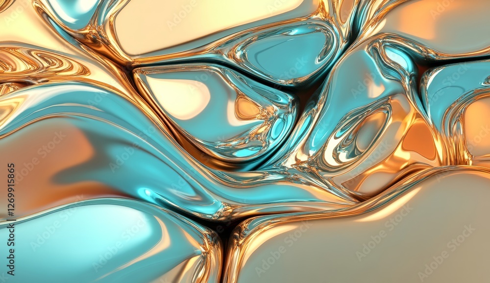 Poster the background is a surreal abstract of futuristic 3d liquid chrome with a hologram effect, dynamic 