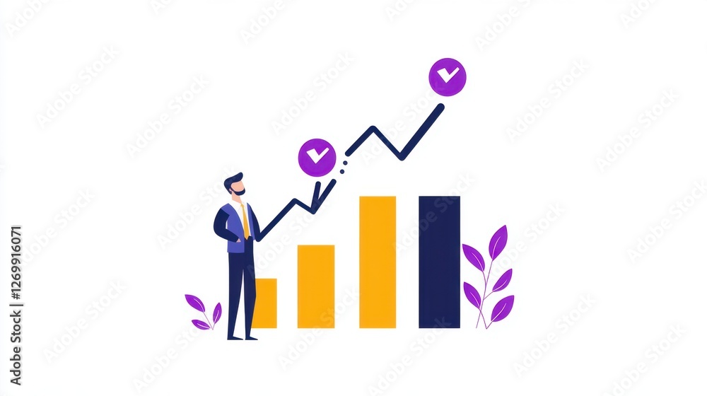 Poster a person stands next to a bar graph depicting growth with checkmarks, symbolizing progress and achie