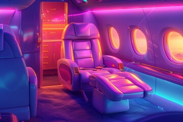 Luxury airplane interior with vibrant neon lights and spacious seating.