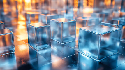 Cubes of clear ice reflecting warm light in a serene backdrop