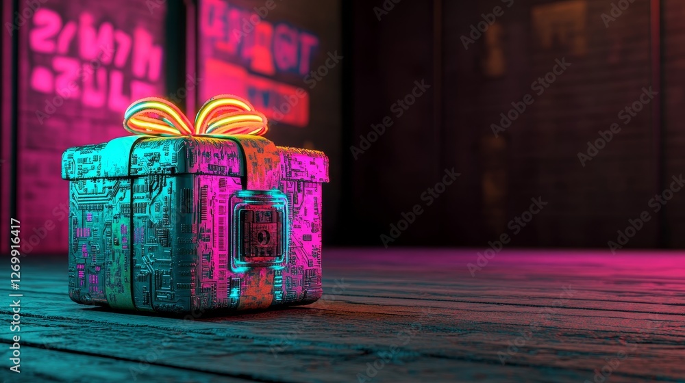 Poster a modern gift box with a futuristic neon design and tech circuit board pattern set against a black b