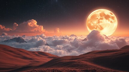 A serene landscape under a luminous full moon, with clouds resembling a soft, heavenly blanket above mountains.