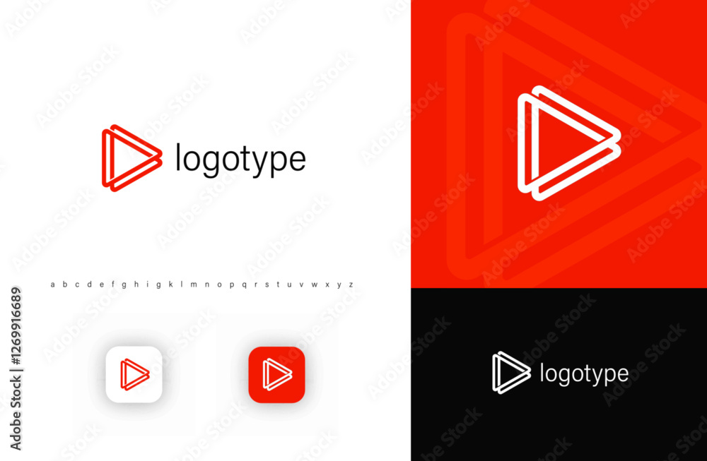 Poster play button logo with layered geometric lines symbolizing media, motion, and digital progress. ideal