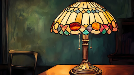 A close-up of a vintage lamp with a stained glass shade illuminating a desk. Electric Stained Glass. Illustration