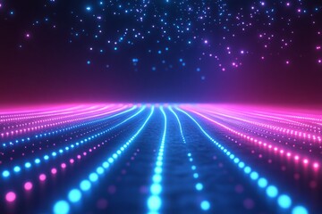 Obraz premium Vibrant neon laser beams in blue and purple colors on a dark background, a futuristic digital art vector illustration. Neon glow effect for an energetic concept banner or party