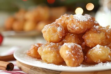 Powdered sugar doughnuts on wooden table. Neural network AI generated