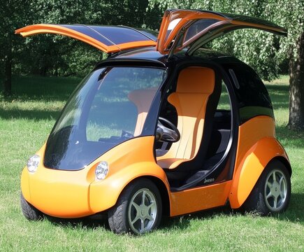 Futuristic orange and black microcar with open gull-wing doors parked on grass