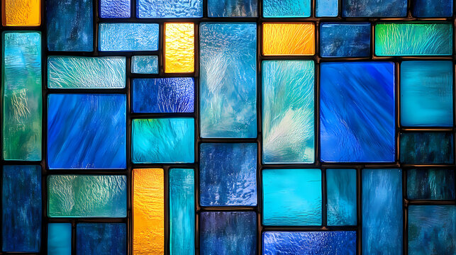 A closeup of an electric blue stained glass window with a geometric pattern of rectangles in azure, aqua, and brick, showcasing symmetry and urban design art. Electric Stained Glass. Illustration