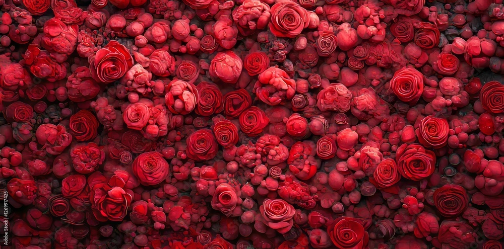 Poster red roses create a border frame for text and design elements, accompanied by copy space, all isolate