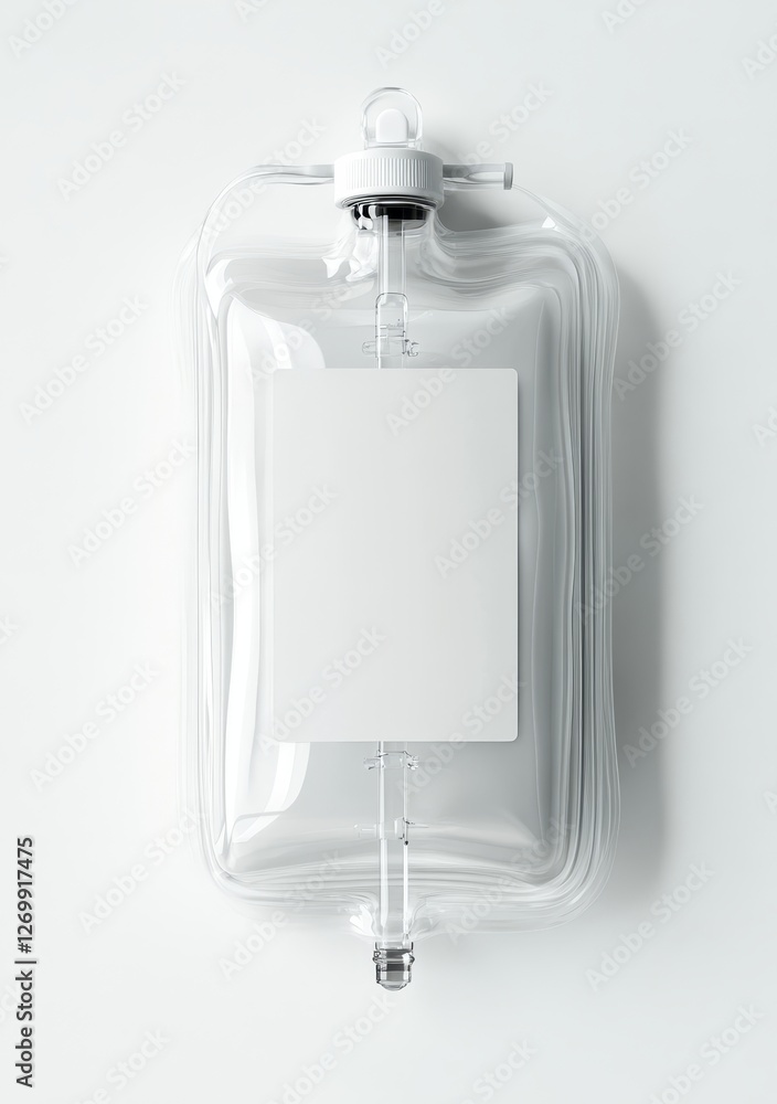 Poster an iv bag filled with a transparent liquid has a blank label and is positioned on a transparent back