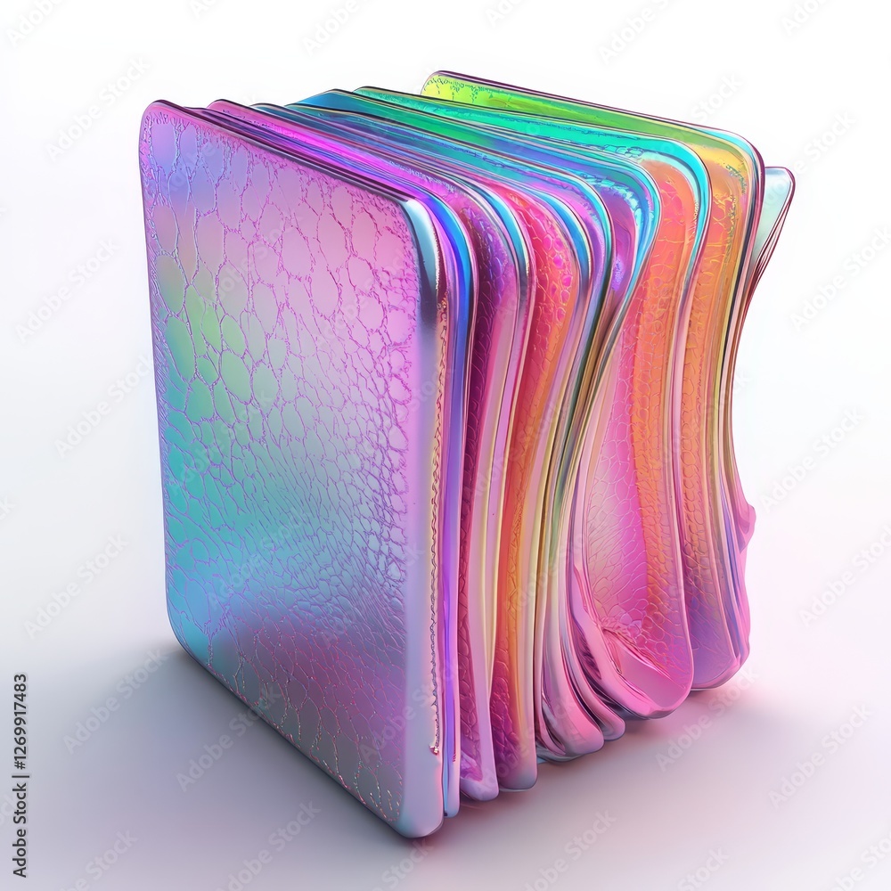 Poster a 3d render icon of an open pink book with a fluid, holographic, and iridescent appearance is isolat