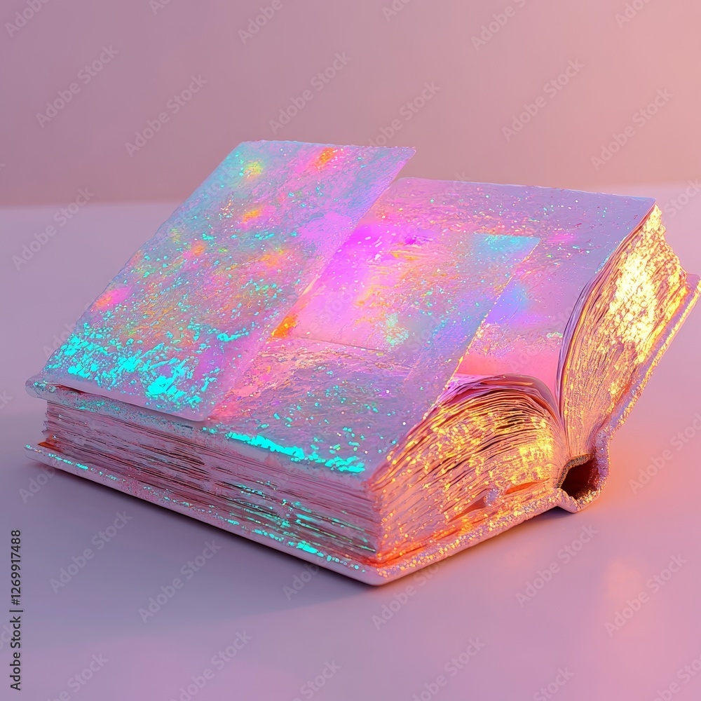 Poster the icon of an open pink book features a fluid, holographic, and iridescent design in a 3d render, i
