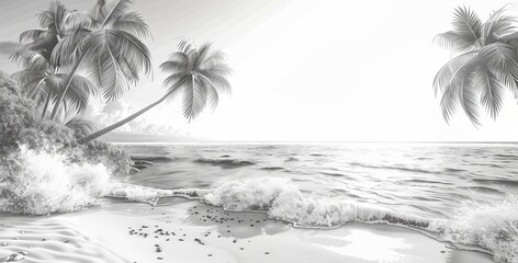 Tranquil beach scene with palm trees and gentle waves in serene black and white.