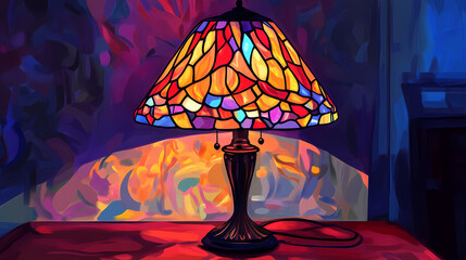 A stained-glass lampshade in a dimly lit room to highlight its vibrant glowing colors. Electric Stained Glass. Illustration