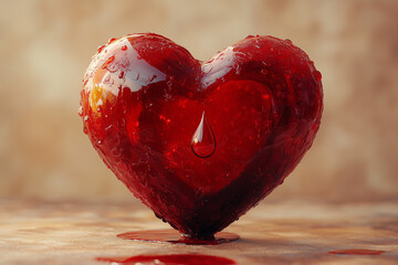 A heart-themed health illustration featuring a red heart with a blood droplet inside, set against a matching background It symbolizes cardiovascular health and awareness