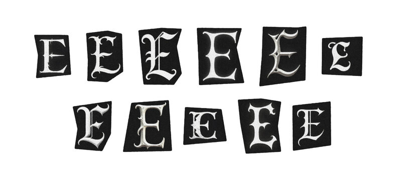 letter E, set of cut-out symbol from magazines on a transparent background, black and white gothic ransom style