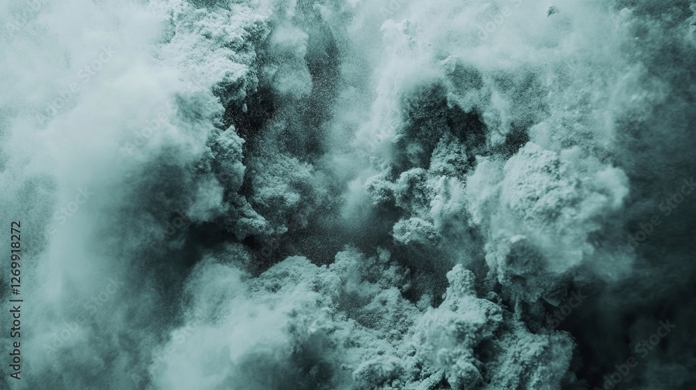 Poster the image features an isolated explosion of white powder or flour set against a black background in 