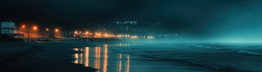 Fototapeta premium Nighttime Coastal Town Beachfront Illumination