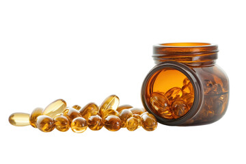 Natural dietary supplements in a glass jar scattered across a reflective surface isolated on transparent background