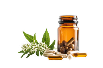 Aromatic herbs and natural supplements in a rustic setting on a bright, serene morning isolated on transparent background