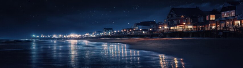 Nighttime Beachfront Houses Illuminated Under Starry Sky
